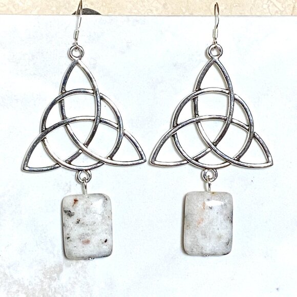 2/$20, Genuine White Dendritic Agate Celtic Trinity Sterling Silver Earrings - Picture 2 of 11
